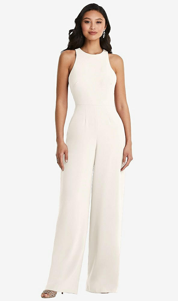 Back View - Ivory & Cabernet Cutout Open-Back Halter Jumpsuit with Scarf Tie