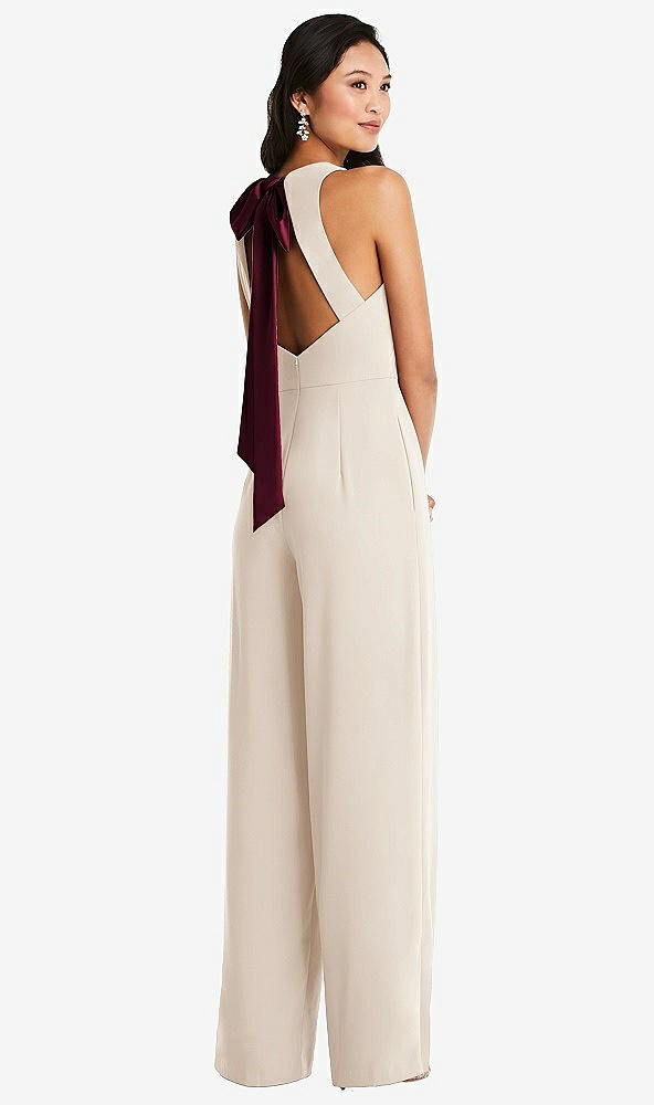 Front View - Oat & Cabernet Cutout Open-Back Halter Jumpsuit with Scarf Tie