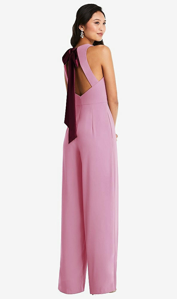 Front View - Powder Pink & Cabernet Cutout Open-Back Halter Jumpsuit with Scarf Tie
