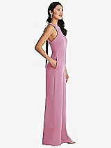 Side View Thumbnail - Powder Pink & Cabernet Cutout Open-Back Halter Jumpsuit with Scarf Tie