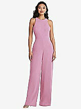 Rear View Thumbnail - Powder Pink & Cabernet Cutout Open-Back Halter Jumpsuit with Scarf Tie