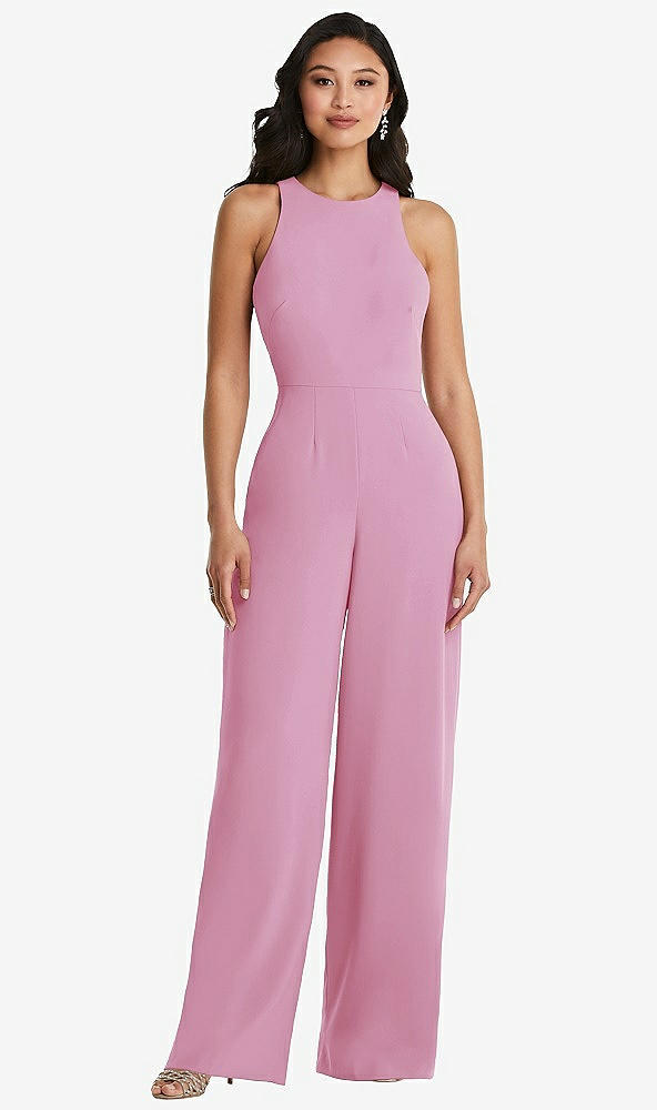 Back View - Powder Pink & Cabernet Cutout Open-Back Halter Jumpsuit with Scarf Tie