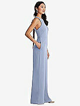 Side View Thumbnail - Sky Blue & Cabernet Cutout Open-Back Halter Jumpsuit with Scarf Tie