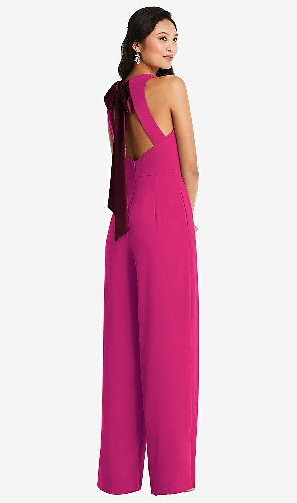 Front View - Think Pink & Cabernet Cutout Open-Back Halter Jumpsuit with Scarf Tie