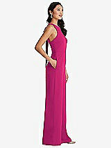 Side View Thumbnail - Think Pink & Cabernet Cutout Open-Back Halter Jumpsuit with Scarf Tie