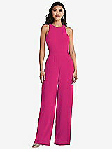 Rear View Thumbnail - Think Pink & Cabernet Cutout Open-Back Halter Jumpsuit with Scarf Tie