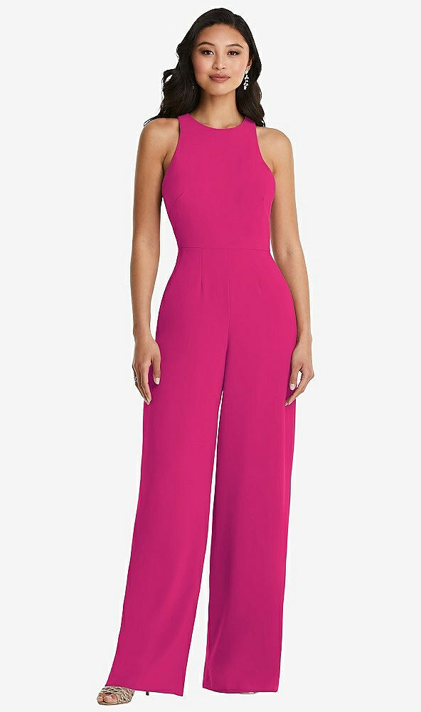 Back View - Think Pink & Cabernet Cutout Open-Back Halter Jumpsuit with Scarf Tie