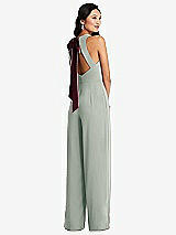 Front View Thumbnail - Willow Green & Cabernet Cutout Open-Back Halter Jumpsuit with Scarf Tie