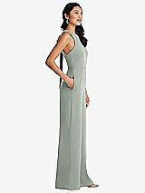 Side View Thumbnail - Willow Green & Cabernet Cutout Open-Back Halter Jumpsuit with Scarf Tie