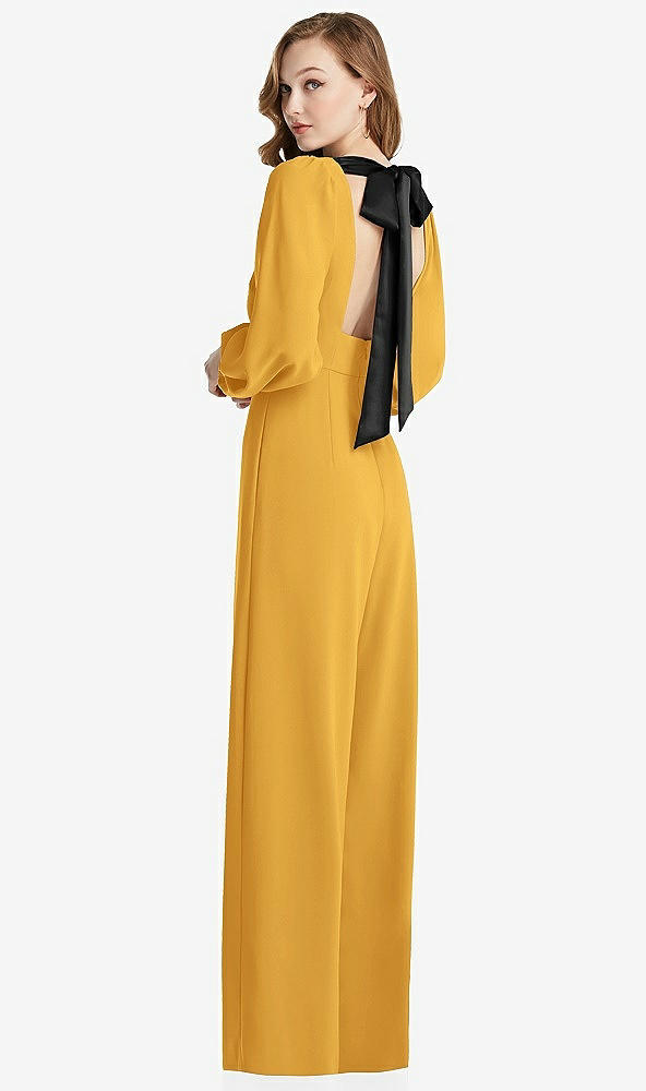 Front View - NYC Yellow & Black Bishop Sleeve Open-Back Jumpsuit with Scarf Tie