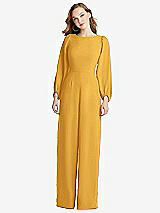 Rear View Thumbnail - NYC Yellow & Black Bishop Sleeve Open-Back Jumpsuit with Scarf Tie
