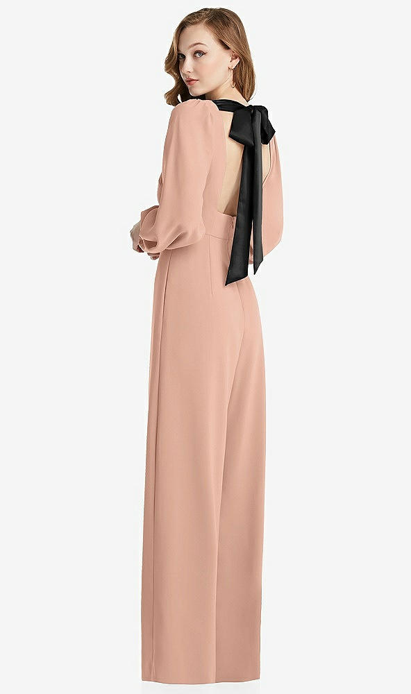 Front View - Pale Peach & Black Bishop Sleeve Open-Back Jumpsuit with Scarf Tie