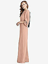 Side View Thumbnail - Pale Peach & Black Bishop Sleeve Open-Back Jumpsuit with Scarf Tie