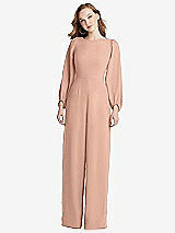 Rear View Thumbnail - Pale Peach & Black Bishop Sleeve Open-Back Jumpsuit with Scarf Tie