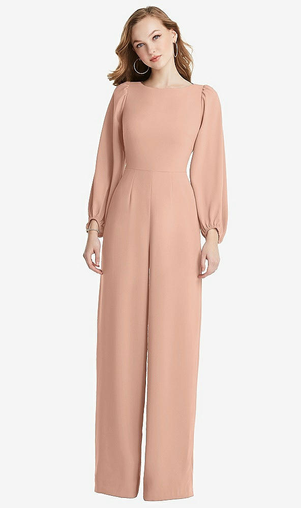 Back View - Pale Peach & Black Bishop Sleeve Open-Back Jumpsuit with Scarf Tie