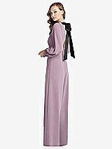 Alt View 1 Thumbnail - Suede Rose & Black Bishop Sleeve Open-Back Jumpsuit with Scarf Tie