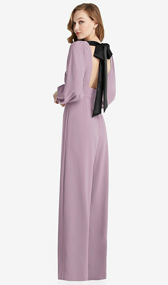 Front View - Suede Rose & Black Bishop Sleeve Open-Back Jumpsuit with Scarf Tie