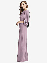 Side View Thumbnail - Suede Rose & Black Bishop Sleeve Open-Back Jumpsuit with Scarf Tie