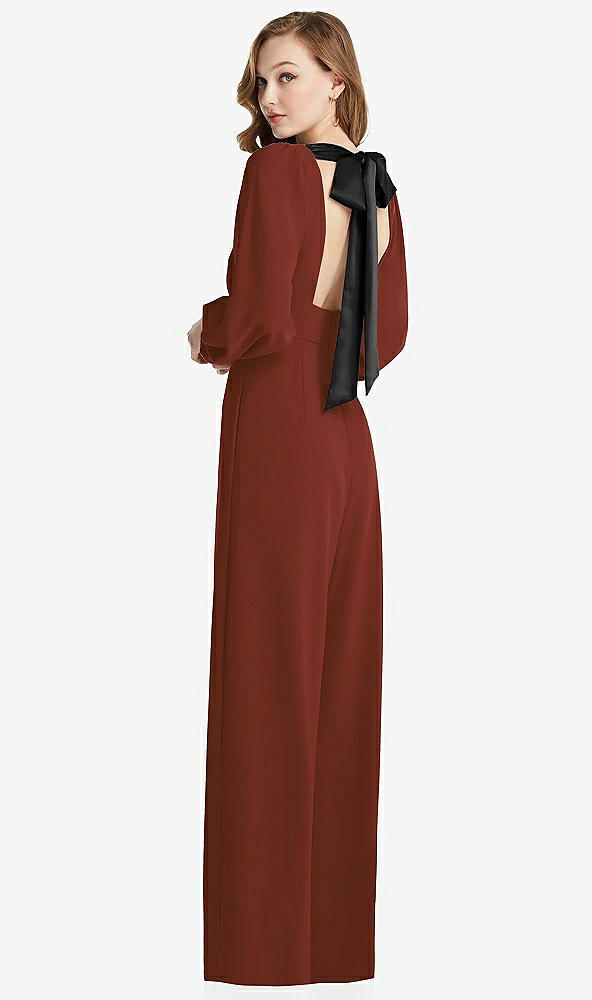 Front View - Auburn Moon & Black Bishop Sleeve Open-Back Jumpsuit with Scarf Tie