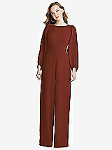 Rear View Thumbnail - Auburn Moon & Black Bishop Sleeve Open-Back Jumpsuit with Scarf Tie