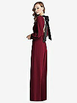 Alt View 1 Thumbnail - Burgundy & Black Bishop Sleeve Open-Back Jumpsuit with Scarf Tie