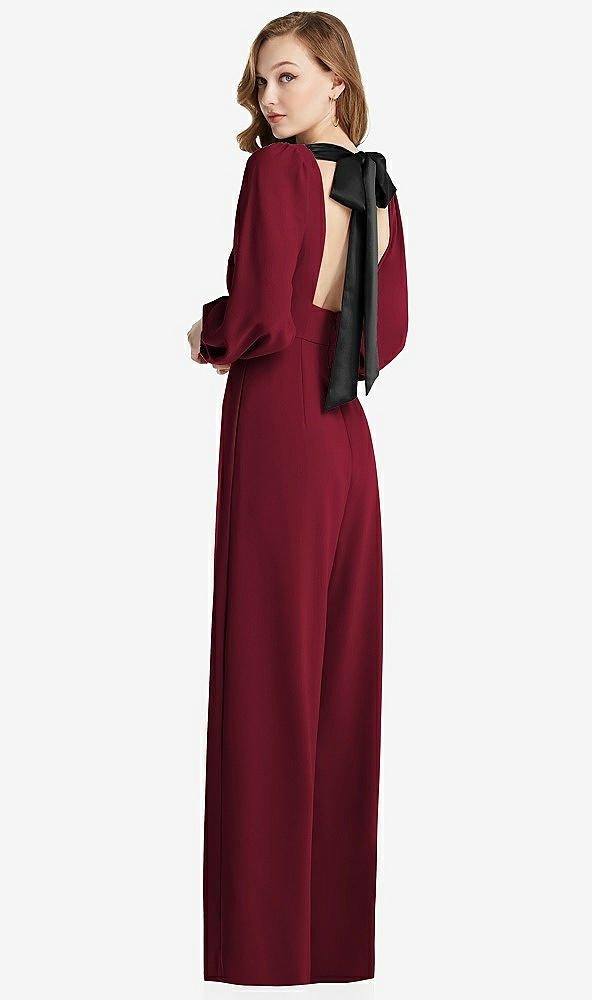Front View - Burgundy & Black Bishop Sleeve Open-Back Jumpsuit with Scarf Tie