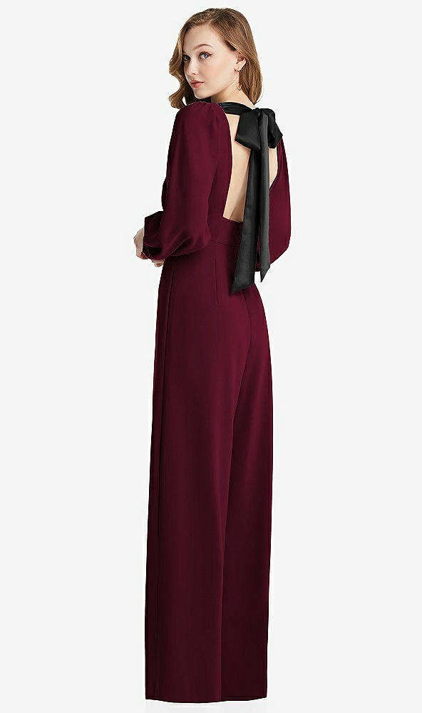 Front View - Cabernet & Black Bishop Sleeve Open-Back Jumpsuit with Scarf Tie