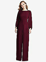 Rear View Thumbnail - Cabernet & Black Bishop Sleeve Open-Back Jumpsuit with Scarf Tie