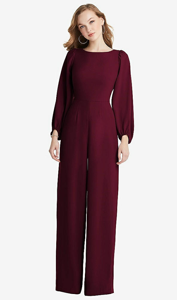 Back View - Cabernet & Black Bishop Sleeve Open-Back Jumpsuit with Scarf Tie