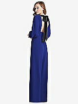 Front View Thumbnail - Cobalt Blue & Black Bishop Sleeve Open-Back Jumpsuit with Scarf Tie