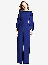 Rear View Thumbnail - Cobalt Blue & Black Bishop Sleeve Open-Back Jumpsuit with Scarf Tie