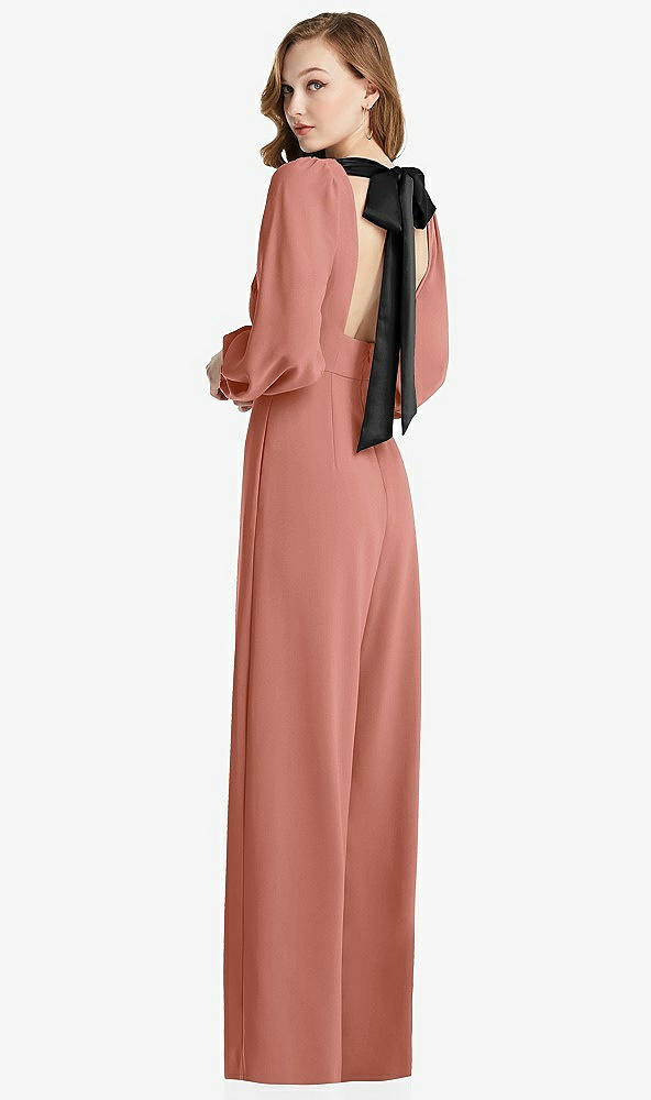 Front View - Desert Rose & Black Bishop Sleeve Open-Back Jumpsuit with Scarf Tie