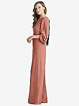 Side View Thumbnail - Desert Rose & Black Bishop Sleeve Open-Back Jumpsuit with Scarf Tie