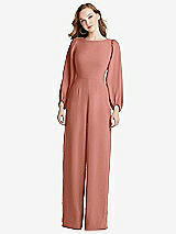 Rear View Thumbnail - Desert Rose & Black Bishop Sleeve Open-Back Jumpsuit with Scarf Tie