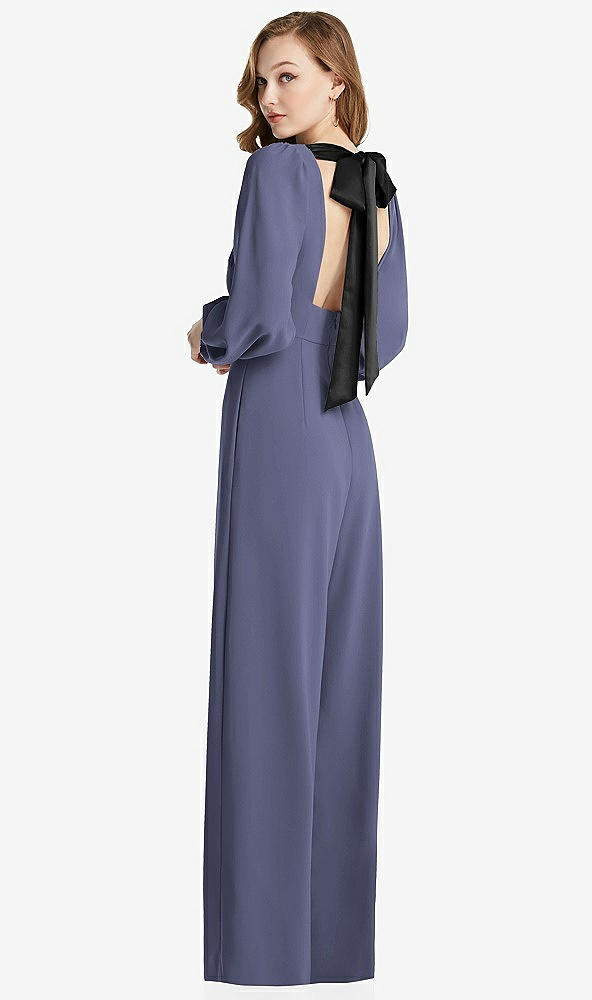 Front View - French Blue & Black Bishop Sleeve Open-Back Jumpsuit with Scarf Tie