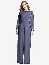 Rear View Thumbnail - French Blue & Black Bishop Sleeve Open-Back Jumpsuit with Scarf Tie