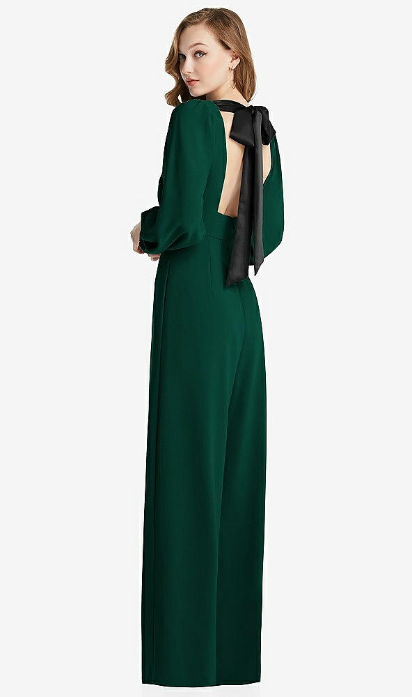 Front View - Hunter Green & Black Bishop Sleeve Open-Back Jumpsuit with Scarf Tie