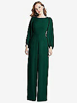 Rear View Thumbnail - Hunter Green & Black Bishop Sleeve Open-Back Jumpsuit with Scarf Tie