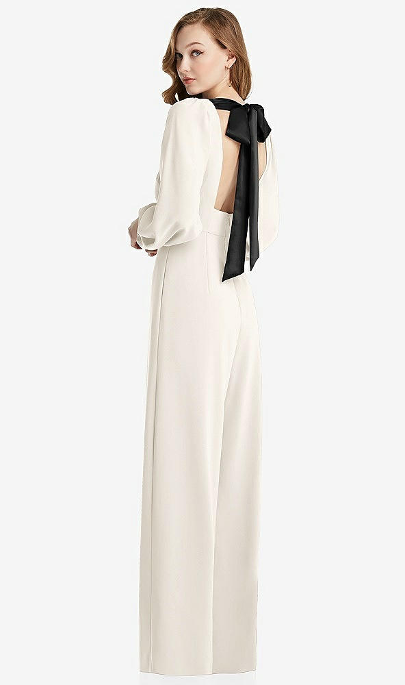 Front View - Ivory & Black Bishop Sleeve Open-Back Jumpsuit with Scarf Tie