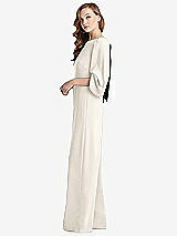 Side View Thumbnail - Ivory & Black Bishop Sleeve Open-Back Jumpsuit with Scarf Tie