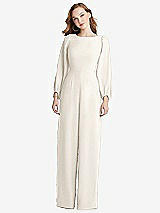 Rear View Thumbnail - Ivory & Black Bishop Sleeve Open-Back Jumpsuit with Scarf Tie