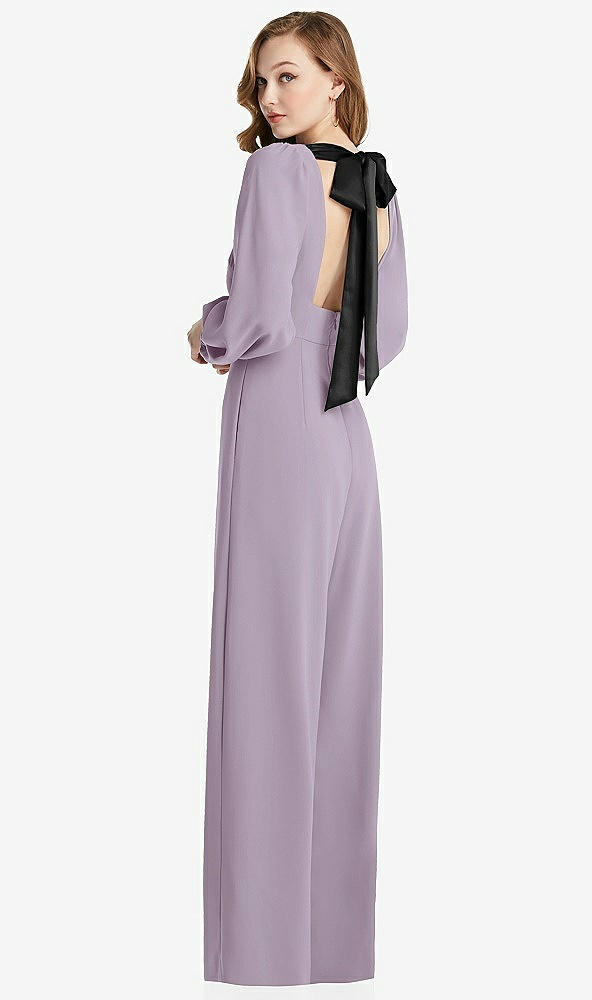 Front View - Lilac Haze & Black Bishop Sleeve Open-Back Jumpsuit with Scarf Tie