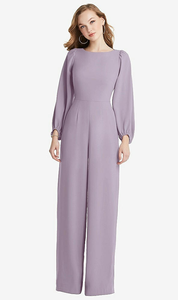 Back View - Lilac Haze & Black Bishop Sleeve Open-Back Jumpsuit with Scarf Tie