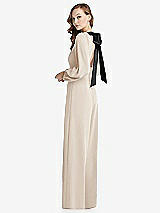 Alt View 1 Thumbnail - Oat & Black Bishop Sleeve Open-Back Jumpsuit with Scarf Tie