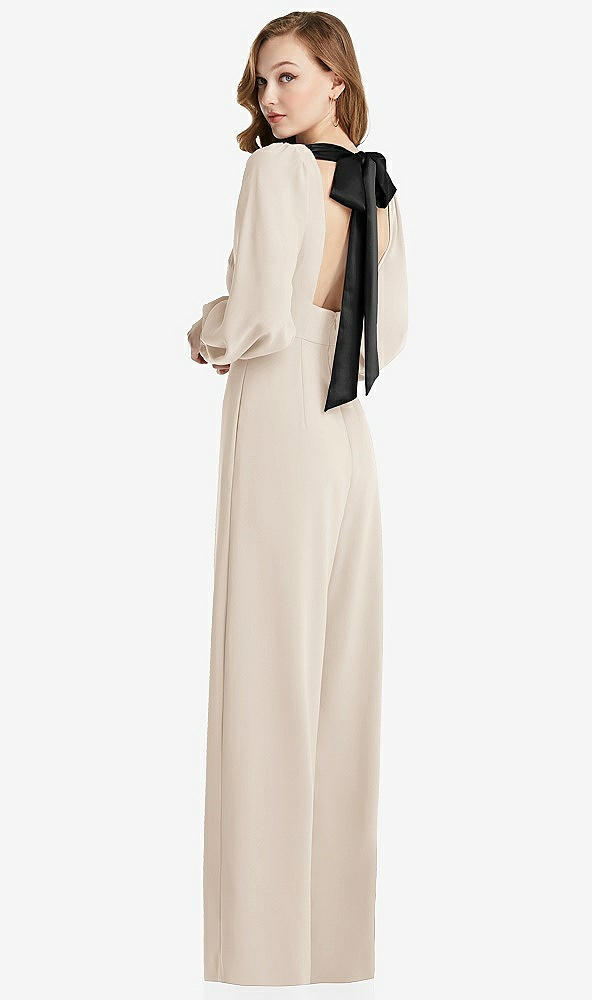 Front View - Oat & Black Bishop Sleeve Open-Back Jumpsuit with Scarf Tie