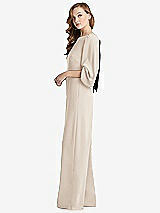 Side View Thumbnail - Oat & Black Bishop Sleeve Open-Back Jumpsuit with Scarf Tie