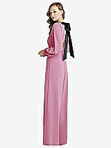 Alt View 1 Thumbnail - Powder Pink & Black Bishop Sleeve Open-Back Jumpsuit with Scarf Tie