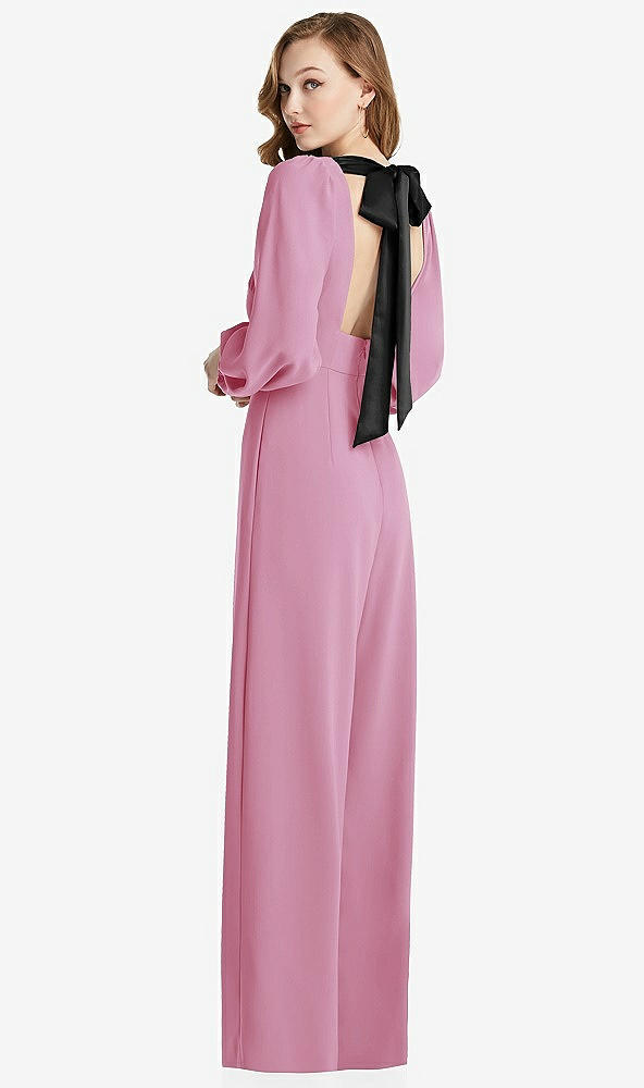 Front View - Powder Pink & Black Bishop Sleeve Open-Back Jumpsuit with Scarf Tie