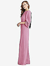 Side View Thumbnail - Powder Pink & Black Bishop Sleeve Open-Back Jumpsuit with Scarf Tie