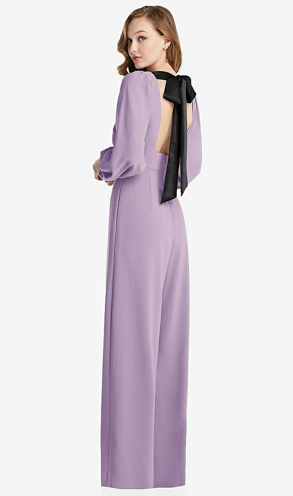 Front View - Pale Purple & Black Bishop Sleeve Open-Back Jumpsuit with Scarf Tie